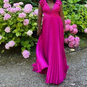 leena for Mac Duggal Plunge Neck Pleated A-Line Gown